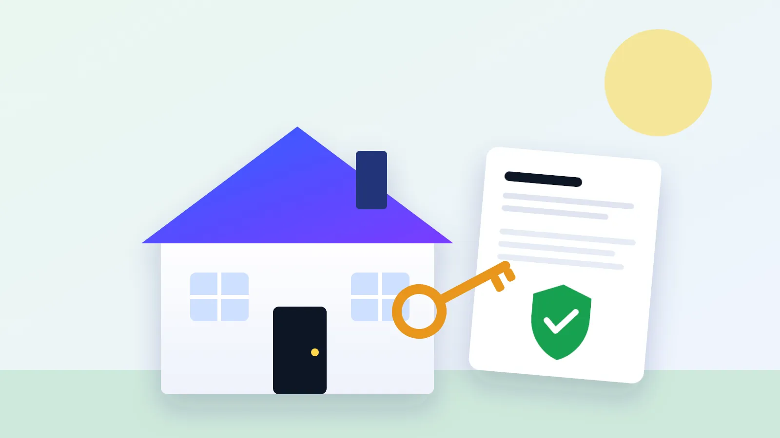 Casa con una llave junto a un reporte de crédito con un escudo verde de aprobado